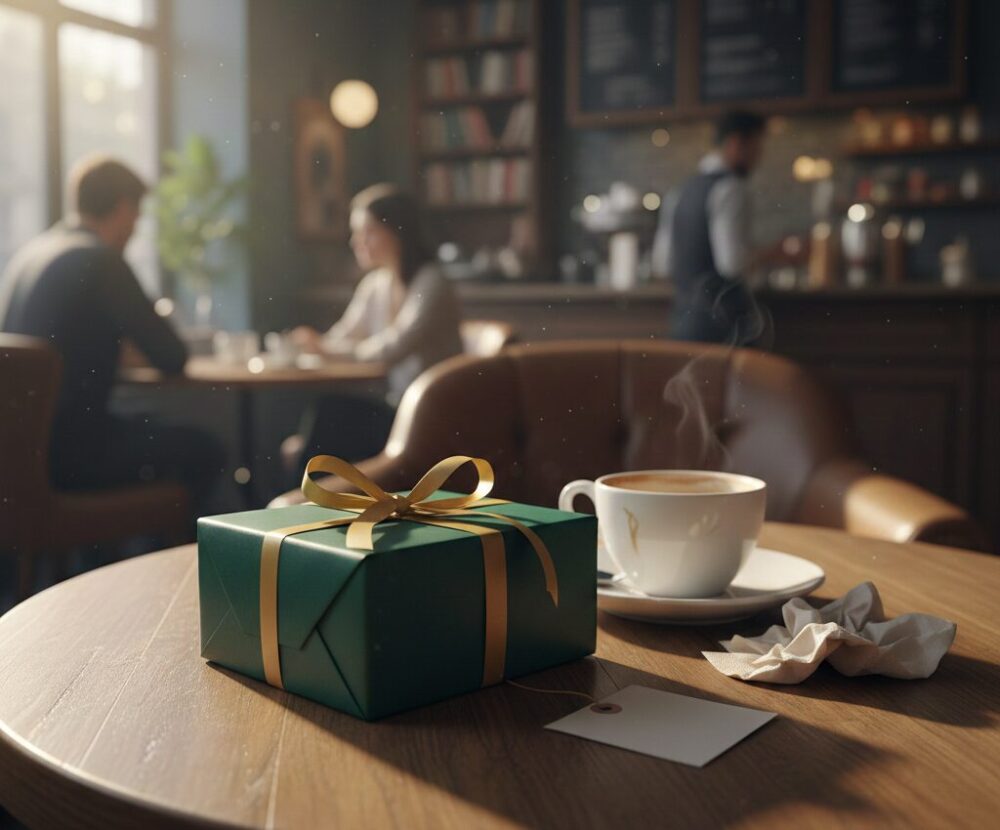 カフェのテーブルに置かれたままのプレゼントの箱