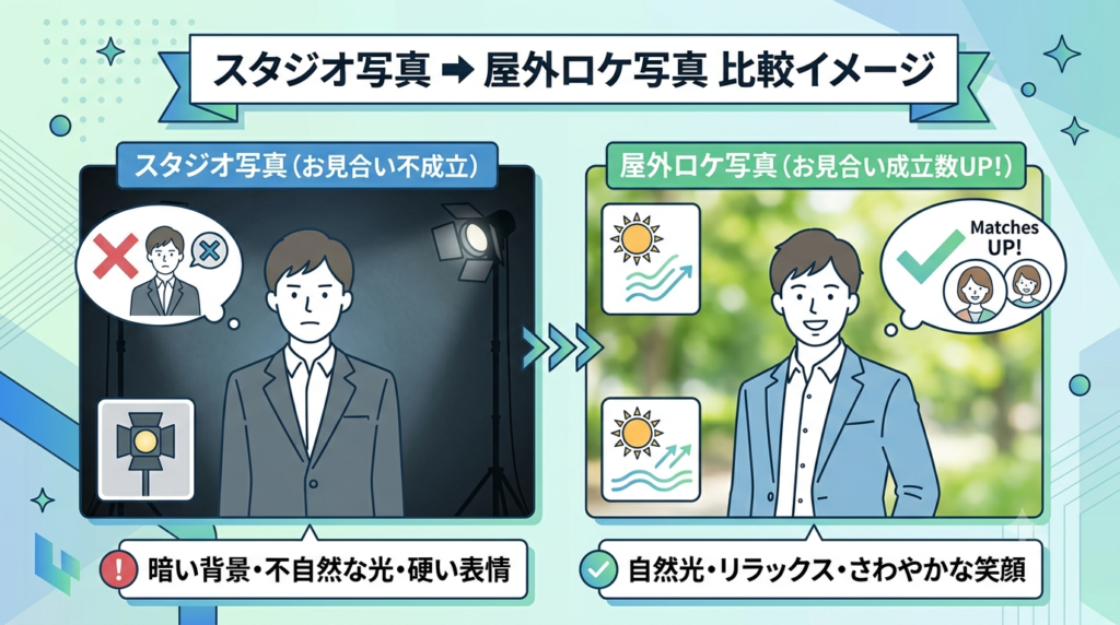 「スタジオ写真 ➔ 屋外ロケ写真」の比較イメージ